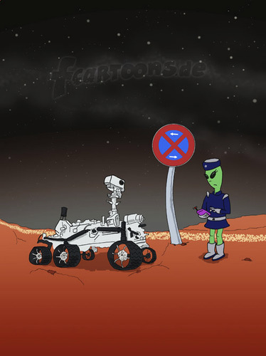 Cartoon: Marsrover Curiosity (medium) by Frank Zimmermann tagged mars,rover,curiosity,fcartoons,cartoon,knöllchen,halteverbot,zettelpupe,alien,politesse,parkstreifen,ticket,nasa,grün,uniform