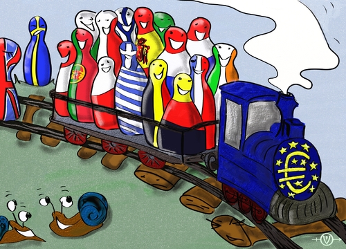 Cartoon: Euro Chance (medium) by PuzzleVisions tagged euro,krise,crisis,schulden,debths,chance,zug,train,währung,currency,fiscaleinheit,fiscal,union,europa,europe
