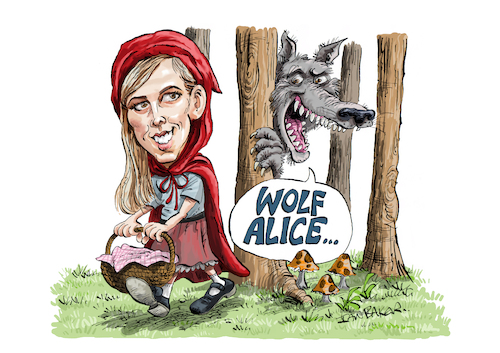 Cartoon: Wolf Alice (medium) by Ian Baker tagged wolf,alice,band,group,music,ellie,rowsell,guitar,singer,fairy,tale,woods,forest,ian,baker,cartoon,caricature,spoof,parody,gag,trees,animals,oddie