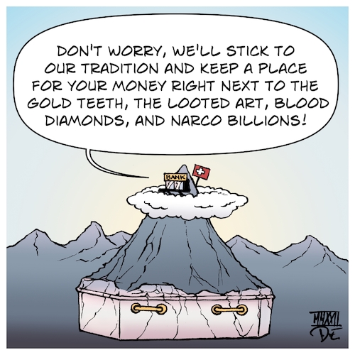 Cartoon: SuisseSecrets (medium) by Timo Essner tagged switzerland,banks,banking,secrets,swift,sanctions,war,crimes,neutrality,third,reich,nazis,jews,gold,teeth,looted,art,narco,human,traficking,drug,smuggling,cocaine,blood,diamonds,russia,oil,oligarchs,millions,billions,tax,havens,money,laundring,creditsuisse,suissesecrets,cartoon,timo,essner,switzerland,banks,banking,secrets,swift,sanctions,war,crimes,neutrality,third,reich,nazis,jews,gold,teeth,looted,art,narco,human,traficking,drug,smuggling,cocaine,blood,diamonds,russia,oil,oligarchs,millions,billions,tax,havens,money,laundring,creditsuisse,suissesecrets,cartoon,timo,essner