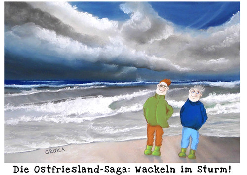 Cartoon: Wackeln im Sturm (medium) by Elisa Groka tagged küste,sturm,wind,strand,meer,nordsee,see,ostfriesen,ostfriesland,cartoon,humor