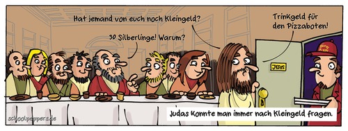 Cartoon: Schoolpeppers 321 (medium) by Schoolpeppers tagged jesus,essen,pizza,religion,abendmahl,jünger,geld