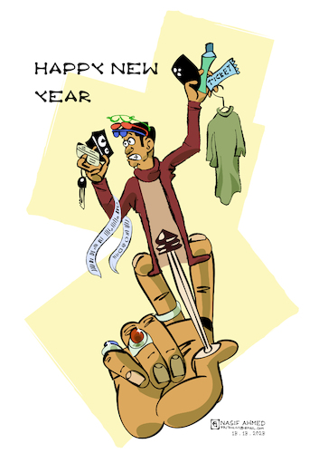 Cartoon: Happy New year 2024 (medium) by Nasif Ahmed tagged consumer,fear,pressure,society