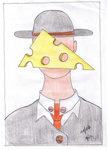 Cartoon: man with cheese in front of his (medium) by skätch-up tagged magritte,man,apple,cheese,face,bowler,hat