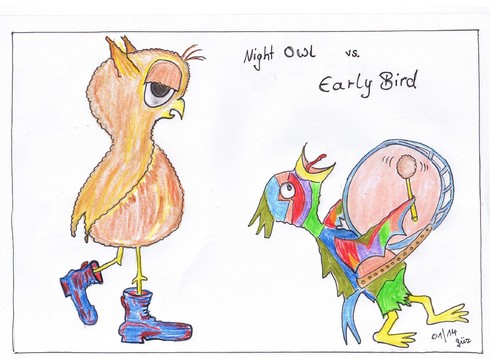 Cartoon: NightOwl vs. EarlyBird (medium) by skätch-up tagged nightowl,earlybird,night,day,eule,vogel,tag,und,nacht