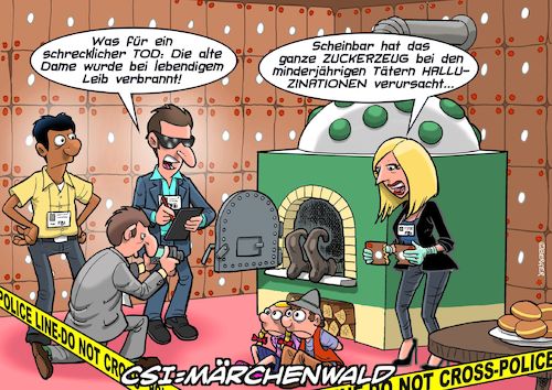 Cartoon: CSI Märchenwald (medium) by Chris Berger tagged hänsel,gretel,hexe,csi,zucker,halluzinationen,hänsel,gretel,hexe,csi,zucker,halluzinationen