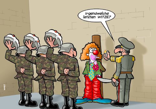 Cartoon: Letzte Worte (medium) by Chris Berger tagged hinrichtung,erschiessungskommando,militär,clown,torte,witz,hinrichtung,erschiessungskommando,militär,clown,torte,witz