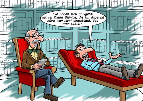Cartoon: Stimmenhören (medium) by Chris Berger tagged psychiater,stimme,einbildung,psychologe,alexa,ki,patient,psychiater,stimme,einbildung,psychologe,alexa,ki,patient