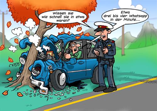 Cartoon: Unfall (medium) by Chris Berger tagged smartphone,steuer,lenker,fahrer,unfall,crash,whatsapp,polizei,handy,smartphone,steuer,lenker,fahrer,unfall,crash,whatsapp,polizei,handy