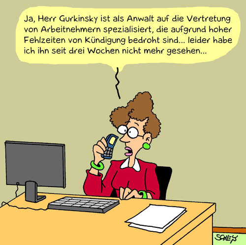 Cartoon: Fehlzeiten (medium) by Karsten Schley tagged arbeit,arbeitsrecht,rechtsanwälte,gesellschaft,gesundheit,arbeitgeber,arbeitnehmer,wirtschaft,geld,justiz,deutschland,arbeit,arbeitsrecht,rechtsanwälte,gesellschaft,gesundheit,arbeitgeber,arbeitnehmer,wirtschaft,justiz,deutschland
