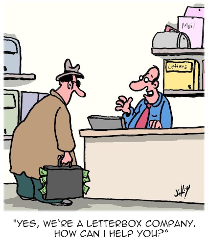 Cartoon: Letterbox Company (medium) by Karsten Schley tagged taxes,tax,policy,money,industry,evaders,letterbox,companies,economy,crime,business,heavens,taxes,tax,policy,money,industry,evaders,letterbox,companies,economy,crime,business,heavens