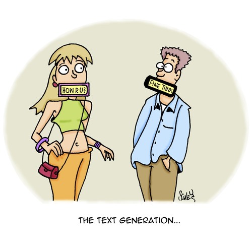 Cartoon: Text Generation (medium) by Karsten Schley tagged technik,facebook,netzwerke,soziale,smartphones,jugend,kommunikation,kommunikation,jugend,smartphones,soziale,netzwerke,facebook,technik