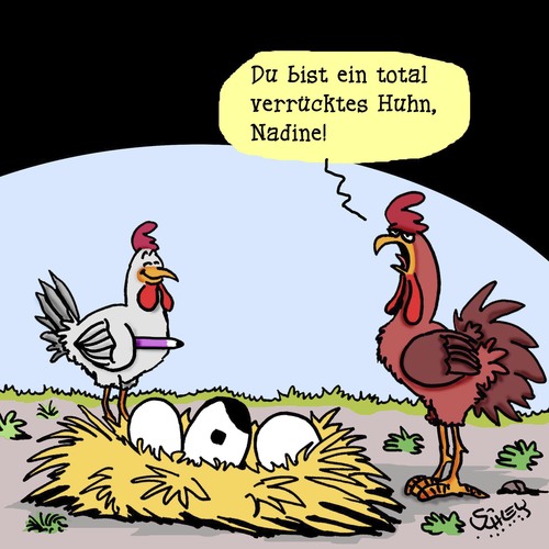 Cartoon: Verrückt (medium) by Karsten Schley tagged deutschland,gesellschaft,demokratie,politik,hitler,eier,nahrungsmittel,landwirtschaft,tiere,hühner,hühner,tiere,landwirtschaft,nahrungsmittel,eier,hitler,politik,demokratie,gesellschaft,deutschland