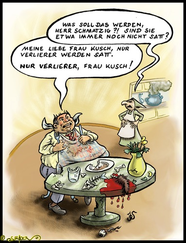 Cartoon: Herr Schmatzig und Frau Kusch (medium) by KritzelJo tagged mahlzeit,küche,frau,mann,kusch,schmatzig,satt,sättigung,hunger,gier