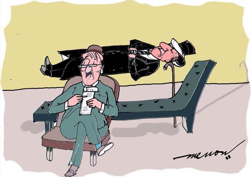 Cartoon: Performer (medium) by kar2nist tagged magician,psychiatrist,couch,balancing,cane