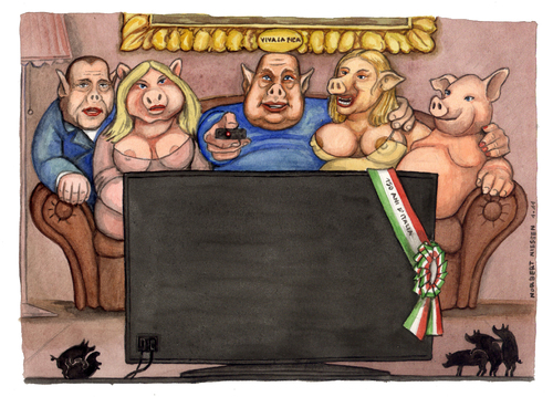 Cartoon: Italia Zero (medium) by Niessen tagged italy,television,berlusconi,pigs,italiauno