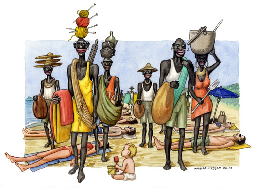 Cartoon: Vu Cumpra (medium) by Niessen tagged immigration,africa,hunger,italy,beach,summer,black