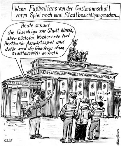 Cartoon: Fußballfans vorm Brandenb. Tor (medium) by Alan tagged fußballfans,brandenburger,tor,quadriga,berlin,hertha,stadtbesichtigung