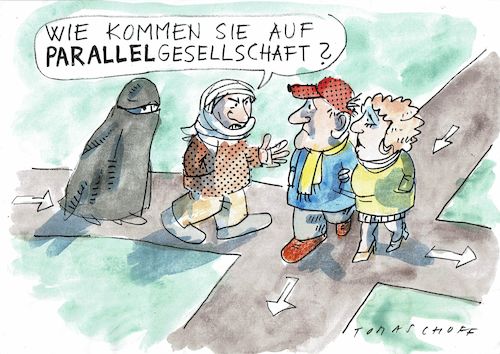 Cartoon: parallel 2 (medium) by Jan Tomaschoff tagged parallelgesellschaft,einwanderung,integration,parallelgesellschaft,einwanderung,integration