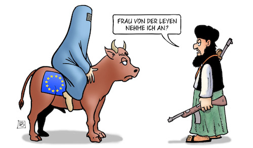 Cartoon: V.d.L. und Taliban (medium) by Harm Bengen tagged frau,von,der,leyen,eu,europa,stier,burka,schleier,islamisten,afghanistan,deutschland,rettungsmission,abzug,taliban,harm,bengen,cartoon,karikatur,frau,von,der,leyen,eu,europa,stier,burka,schleier,islamisten,afghanistan,deutschland,rettungsmission,abzug,taliban,harm,bengen,cartoon,karikatur