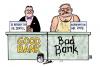 Cartoon: Bad Bank vs. Good Bank (small) by Harm Bengen tagged bad,bank,good,faule,kredite,finanzen,finanz,finanzkrise,banken,banker,steinbrück,bundesregierung,dr,jekyll,mr,hyde