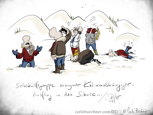 Cartoon: Gute Wahl des Ausflugsortes (medium) by Carlo Büchner tagged snow,schnee,skigebiet,cocain,sucht,abhaengige,joke,gaga,carlo,buechner,arts,ray,2014,cartoon,drogen,satire