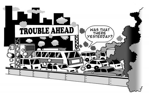 Cartoon: trouble ahead (medium) by toons tagged cars,pollution,highways,freeways,motorways,environment,ecology,greenhouse,gases,earth,day