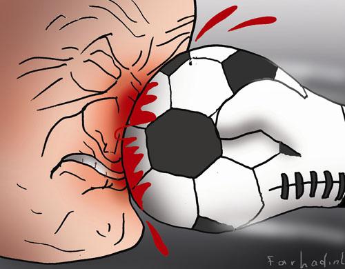 Cartoon: Violance (medium) by Farhad Foroutanian tagged footbal,fussball,fußball,gerechtigkeit,gewalt,boxen,schlagen,prügel,handschuh,nase,blut