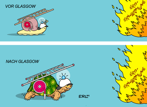 Cartoon: Glasgow ist ein Fortschritt (medium) by Erl tagged politik,klima,klimawandel,erderwärmung,co2,treibhauseffekt,klimakonferenz,gipfel,glasgow,cop26,beschlüsse,fortschritt,schnecke,schildkröte,extremwetter,starkregen,hochwasser,hitze,dürre,feuer,waldbrände,feuerwehr,karikatur,erl,politik,klima,klimawandel,erderwärmung,co2,treibhauseffekt,klimakonferenz,gipfel,glasgow,cop26,beschlüsse,fortschritt,schnecke,schildkröte,extremwetter,starkregen,hochwasser,hitze,dürre,feuer,waldbrände,feuerwehr,karikatur,erl