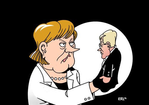 Cartoon: Merkel Wulff (medium) by Erl tagged handpuppe,figur,kasperl,gnade,entscheidung,merkel,schaden,amt,pressefreiheit,drohung,zeitung,bild,bericht,erklärung,aussage,kredit,haus,privat,affären,wulff,christian,bundespräsident,wulff,affären,zeitung,bild,drohung,pressefreiheit