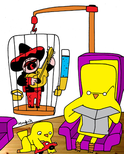 Cartoon: charro in captivity (medium) by Munguia tagged charro,mexican,caged,cage,jail,captivity,cautiverio,canary,canario,singer,sing,music