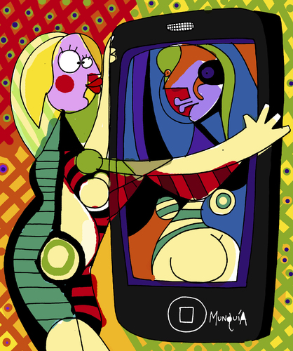 Cartoon: Girl Before an I-Phone (medium) by Munguia tagged pablo,picasso,girl,before,mirror,phone,parody,famous,painting,art