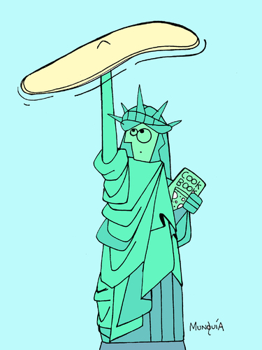 Cartoon: Liberty Pizza (medium) by Munguia tagged pizzapitch,liberty,statue,freedom,pizza,throwing,in,the,air,cook,book,italian,new,york