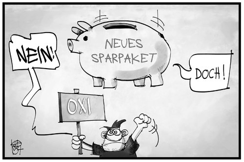 Cartoon: Das neue Sparpaket (medium) by Kostas Koufogiorgos tagged karikatur,koufogiorgos,illustration,cartoon,sparschwein,sparpaket,griechenland,oxi,ja,nein,memorandum,austerität,politik,schuldenkrise,europa,karikatur,koufogiorgos,illustration,cartoon,sparschwein,sparpaket,griechenland,oxi,ja,nein,memorandum,austerität,politik,schuldenkrise,europa