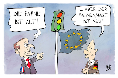 Cartoon: EU-Reform (medium) by Kostas Koufogiorgos tagged karikatur,koufogiorgos,eu,reform,scholz,macron,fahne,europa,fahnenmast,karikatur,koufogiorgos,eu,reform,scholz,macron,fahne,europa,fahnenmast