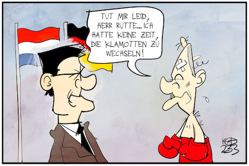 Cartoon: Scholz bei Rutte (medium) by Kostas Koufogiorgos tagged scholz,rutte,niederlande,boxen,streit,staatsbesuch,scholz,rutte,niederlande,boxen,streit,staatsbesuch