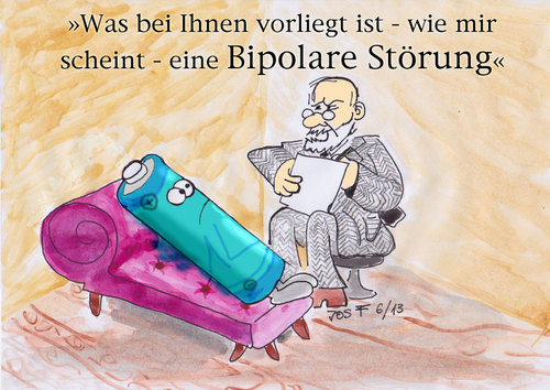Cartoon: sigmund and the battery (medium) by Jos F tagged battery,psycho,therapy,therapist,freud,recharge