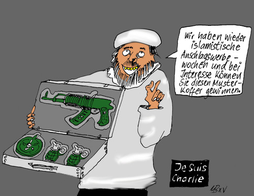 Cartoon: Islamistische Anschlagswerbung (medium) by Marbez tagged islam,anschlag,charlie