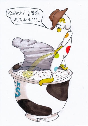 Cartoon: der kleine..äääääh (medium) by gore-g tagged werbung,müller,milchreis,kleiner,hunger,konny,reimann,pinkeln