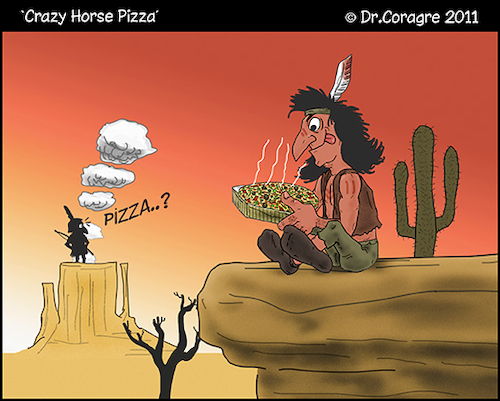 Cartoon: Crazy Horse Pizza (medium) by DrCoragre tagged pizzapitch,drawing,caricature,comic,mixed,media,digital,illustration,nature,cartoon,vinyeta,tira,humor
