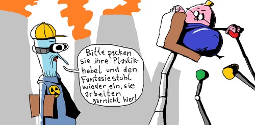 Cartoon: Verwirrung im Kernkraftwerk (medium) by Radikanu tagged atom,kraftwerk,jobs,arbeit,technik,humor,lustig,kernkraftwerk,albern,lachen,witzig,doof,blöd