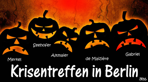 Cartoon: Berliner Halloween-Party (medium) by besscartoon tagged berlin,halloween,politik,regierung,cdu,csu,spd,koalition,groko,krisentreffen,merkel,koalitionsgipfel,streit,seehofer,altmaier,de,maiziere,gabriel,hauen,und,stechen,party,flüchtlinge,asyl,flüchtlingsströme,bess,besscartoon