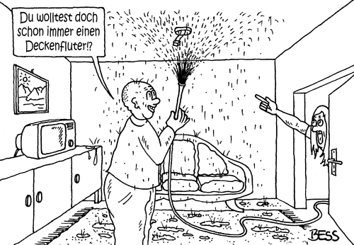 Cartoon: Deckenfluter (medium) by besscartoon tagged mann,frau,ehe,beziehung,wohnen,wasser,schlauch,lampe,licht,deckenfluter,bess,besscartoon