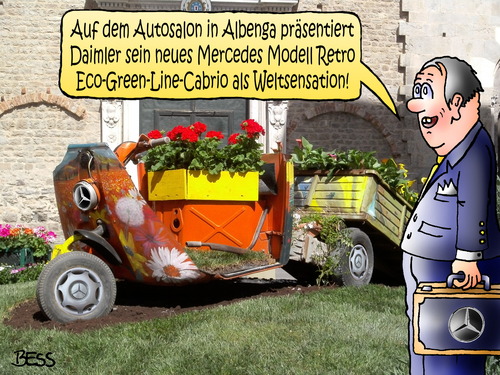 Cartoon: Eco Green Line (medium) by besscartoon tagged autosalon,albenga,daimler,mercedes,auto,weltsensation,retro,green,eco,line,cabrio,bess,besscartoon