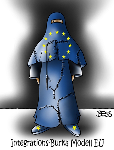 Cartoon: Integrations-Burka (medium) by besscartoon tagged eu,europa,frau,burka,islam,integration,flüchtlinge,religion,toleranz,bess,besscartoon