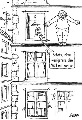 Cartoon: Müllentsorgung (medium) by besscartoon tagged haus,suizid,müll,beziehung,besscartoon,bess,frau,mann,paar,schatz