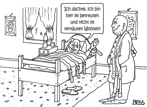 Cartoon: vertäutes Wohnen (medium) by besscartoon tagged alter,alt,pflege,altenheim,krankenkasse,pfleger,betreutes,wohnen,vertäut,bess,besscartoon