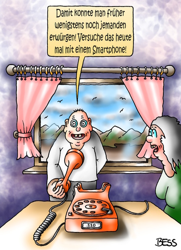 Cartoon: Zeit im Wandel (medium) by besscartoon tagged mann,frau,paar,liebe,ehe,alter,beziehung,telefon,handy,erwürgen,bess,besscartoon