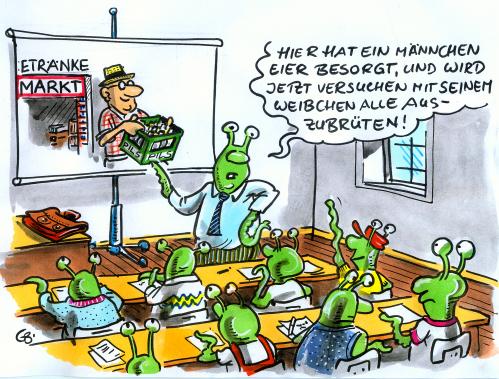 Cartoon: Das Wissen über fremde Welten (medium) by GB tagged sexualkunde,unterricht,erziehung,schule,wissenschaft,education,kinder,alien,alien,kinder,wissenschaft,biologie,außerirdisch,schule,klasse,lehrer,schüler,sexualkunde,bier,mensch,bierkasten,alkoholismus,hochprozentiges,trinker,trinken,suff,säufer,alkohol,sprit,stoff,abstinenz,abstinenzler,alkoholiker,trunksucht,sucht,süchtiger,durst,gesellschaft,spießer,bürgerlich,bürgertum,kleinbürgerlich,otto normalverbraucher,konsument,durchschnittsbürger,michel,endverbraucher,abnehmer,kunde,käufer,spießbürger,mittelstand,biedermann,pedant,soziologie,otto,normalverbraucher