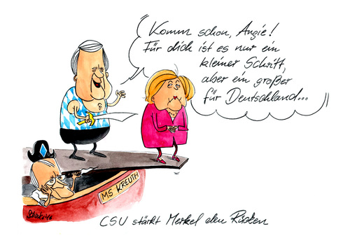 Cartoon: CSU stärkt Merkel den Rücken (medium) by Mario Schuster tagged karikatur,cartoon,mario,schuster,angela,merkel,edmund,stoiber,horst,seehofer